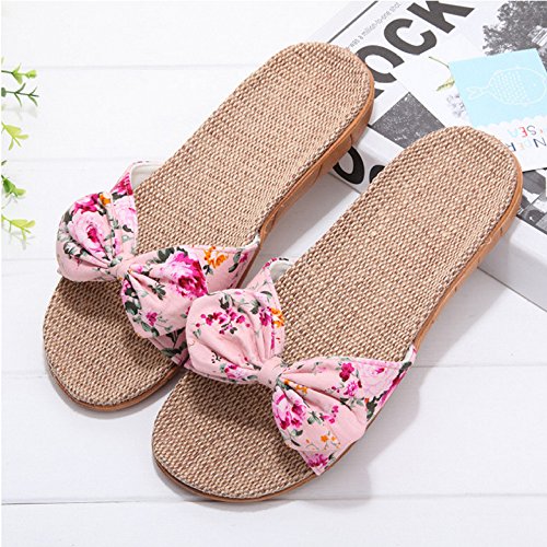 XING GUANG Spring Summer Home Linen Slippers Mujeres Coreanas Interior Y Exterior Sopla Antideslizante Zapatillas Cute Arcos,Pink(35-40)