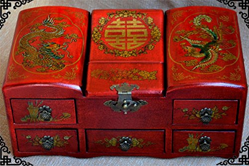 XYLUCKY Caja de madera hecha a mano rectangular del maquillaje - Dragón y caja de almacenaje de la joyería de Phoenix / espejo de la venda