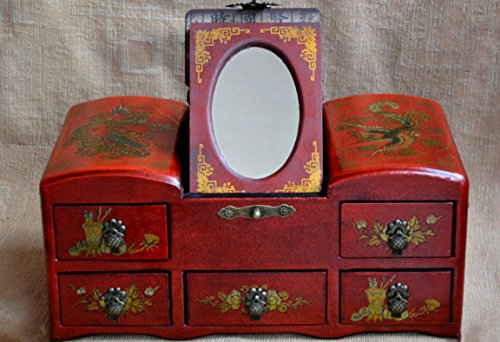 XYLUCKY Caja de madera hecha a mano rectangular del maquillaje - Dragón y caja de almacenaje de la joyería de Phoenix / espejo de la venda