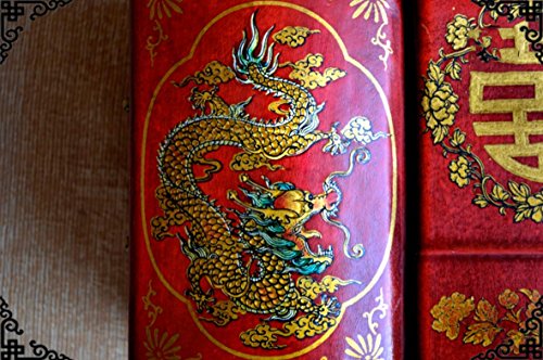 XYLUCKY Caja de madera hecha a mano rectangular del maquillaje - Dragón y caja de almacenaje de la joyería de Phoenix / espejo de la venda