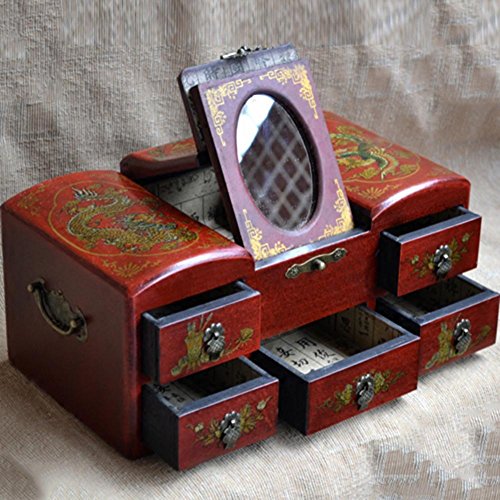 XYLUCKY Caja de madera hecha a mano rectangular del maquillaje - Dragón y caja de almacenaje de la joyería de Phoenix / espejo de la venda