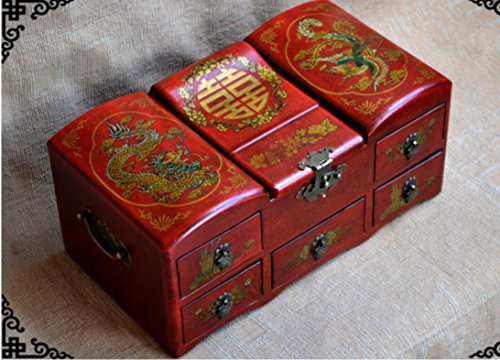 XYLUCKY Caja de madera hecha a mano rectangular del maquillaje - Dragón y caja de almacenaje de la joyería de Phoenix / espejo de la venda