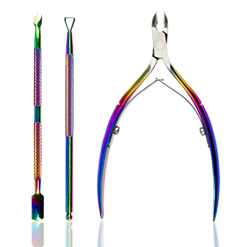 YANSHON Empujador Cuticulas Pinza Uñas Alicates, Levantador de Cutícula Removedor de Cutícula de Acero Inoxidable y Herramienta de Belleza Cortador para Uñas de Dedos de Manos y Pies (Camaleón)