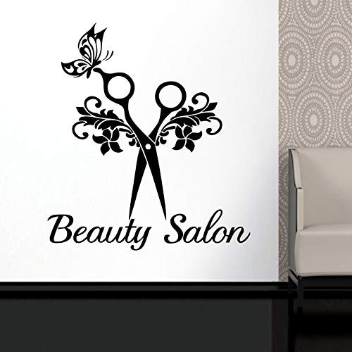 yaoxingfu Mariposa Tijeras Peluquería Etiqueta engomada del salón de Belleza Calcomanía Neutral Corte de Pelo Vinilo Arte de la Pared Tatuajes Decoración Decoración de Windows Rojo 58x65 cm
