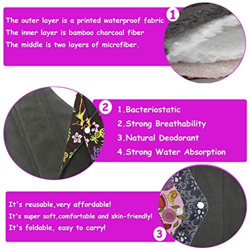 Yeelan 12pcs Toallas sanitarias reutilizables Pantimedias Almohadilla menstrual Paño Almohadillas de enfermería posparto Sanitarios de carbón de bambú Tamaño M&L con bolsa impermeable para mujeres