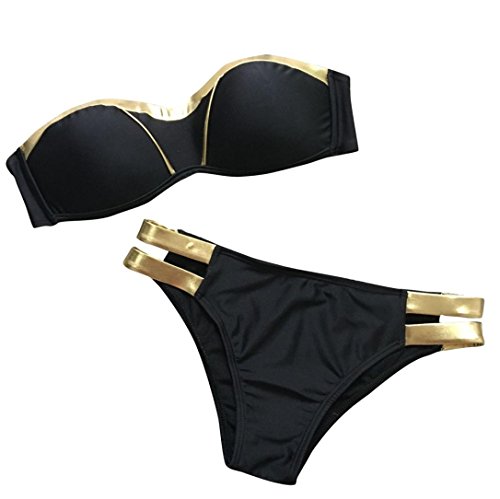 Yesmile Ropa de Baño Mujer Bikini Deportivo Sexy Traje de Baño Acolchados de Mujeres Verano Ropa de Playa Bañador Hueco de Dos Piezas Fuera de Hombro Bikini Dividido Dorado (M, Negro)