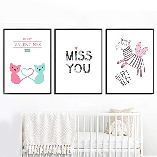 YHSM Cartoon Cat Pink Zebra Animal Quote Wall Art Canvas Painting Nordic Posters and Prints Wall Pictures Baby Kids Room Decoración para el hogar 50X70cm Sin Marco 3 Piezas Set Descuento
