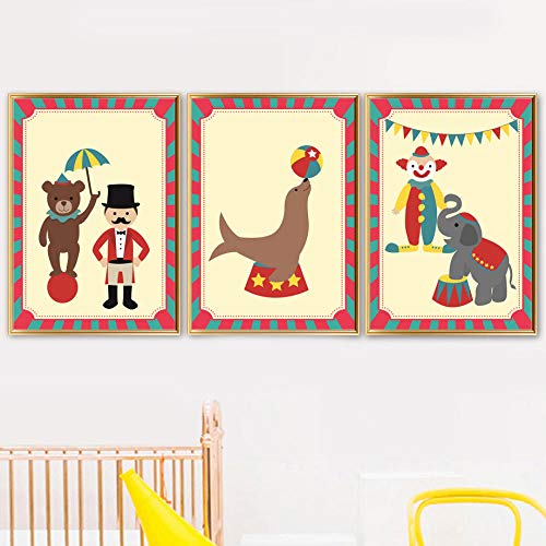 YHSM Circus Seal Bear Clown Magician Nordic Poster and Prints Wall Art Canvas Painting Cuadros de Pared para niños Baby Boy Room Decor 50X70cm Sin Marco 3 Piezas Set Descuento