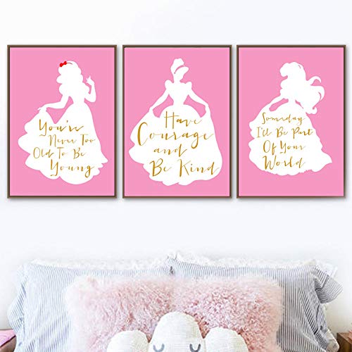 YHSM Little Princess Pink Silhouette Quote Wall Art Canvas Painting Nordic Posters and Prints Wall Pictures Baby Kids Room Decoración para el hogar 60X100cm Sin Marco 3 Piezas Set Descuento