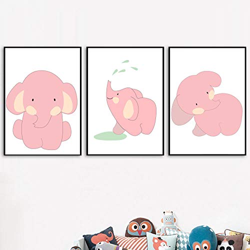 YHSM Pink Elephant Cartoon Cute Animal Wall Art Canvas Painting Nordic Posters and Prints Wall Pictures Baby Kids Room Decoración para el hogar 60X80cm Sin Marco 3 Piezas Set Descuento