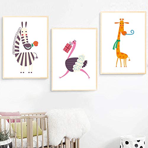 YHSM Zebra Ostrich Giraffe Nordic Poster and Prints Wall Art Canvas Painting Cuadros de Pared para niños Baby Boy Girl Room Decoración para el hogar 50X70cm Sin Marco 3 Piezas Set Descuento