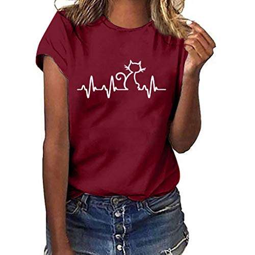 YIHANK - Camiseta de manga corta para mujer y niña, diseño de electrocardiograma con diseño de gato