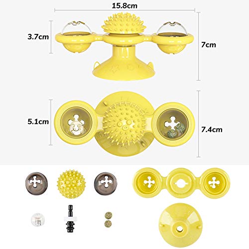 YiYa Juguete Interactivo del Molino de Viento del Gato con Ventosa Masaje Rascarse Cosquillas Gatos Cepillo de Pelo Gatito Divertido Dentición, Amarillo