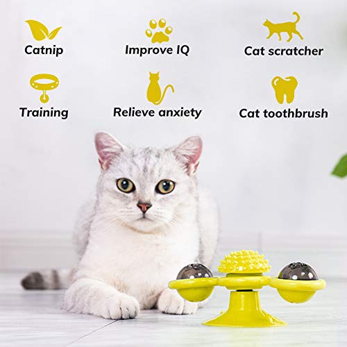 YiYa Juguete Interactivo del Molino de Viento del Gato con Ventosa Masaje Rascarse Cosquillas Gatos Cepillo de Pelo Gatito Divertido Dentición, Amarillo