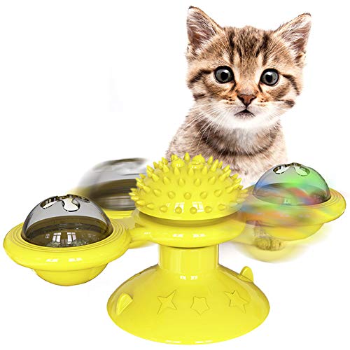 YiYa Juguete Interactivo del Molino de Viento del Gato con Ventosa Masaje Rascarse Cosquillas Gatos Cepillo de Pelo Gatito Divertido Dentición, Amarillo