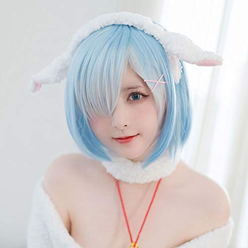 Yjdr Mujer Gradiente Azul Cabello Corto, Peluca, Bangs, la Vida Natural en un Mundo Diferente Desde Cero Rem Rem Adulto de Cosplay / 30cm