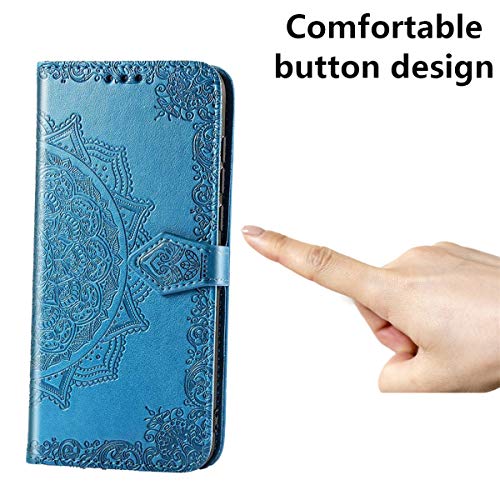 Yohii Funda Xiaomi Redmi 9 + Protector Pantalla de Cristal Templado, Piel PU Soporte Plegable Ranuras Cartera con Tapa Tarjetas Magnético Cuero Flip Carcasas, Case para Xiaomi Redmi 9 - Azul