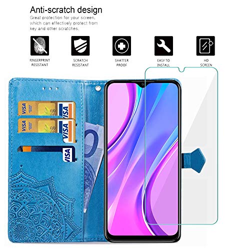 Yohii Funda Xiaomi Redmi 9 + Protector Pantalla de Cristal Templado, Piel PU Soporte Plegable Ranuras Cartera con Tapa Tarjetas Magnético Cuero Flip Carcasas, Case para Xiaomi Redmi 9 - Azul
