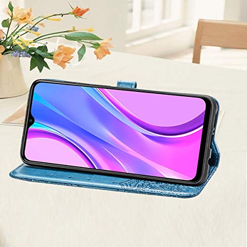 Yohii Funda Xiaomi Redmi 9 + Protector Pantalla de Cristal Templado, Piel PU Soporte Plegable Ranuras Cartera con Tapa Tarjetas Magnético Cuero Flip Carcasas, Case para Xiaomi Redmi 9 - Azul