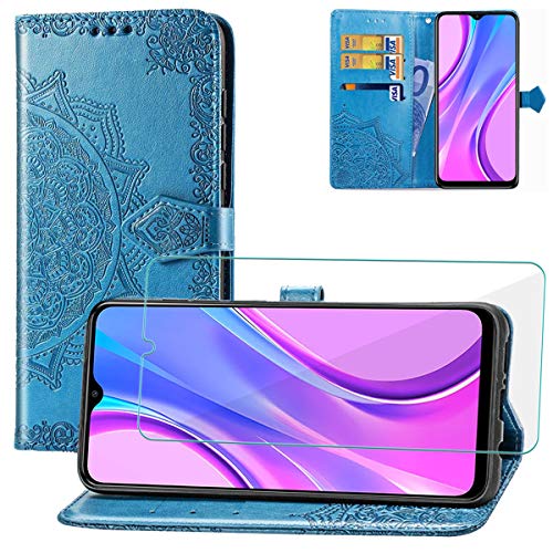 Yohii Funda Xiaomi Redmi 9 + Protector Pantalla de Cristal Templado, Piel PU Soporte Plegable Ranuras Cartera con Tapa Tarjetas Magnético Cuero Flip Carcasas, Case para Xiaomi Redmi 9 - Azul