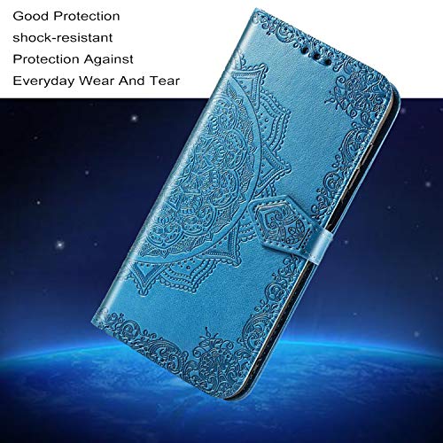 Yohii Funda Xiaomi Redmi 9 + Protector Pantalla de Cristal Templado, Piel PU Soporte Plegable Ranuras Cartera con Tapa Tarjetas Magnético Cuero Flip Carcasas, Case para Xiaomi Redmi 9 - Azul
