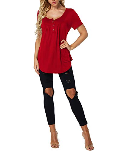 YOINS - Camiseta de manga corta para mujer, diseño de flores, cuello redondo rojo XL