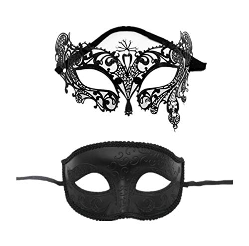 Yongbest Máscara de Encaje,2 Piezas Mascara Sexy Mujer Veneciano Máscara para Hombres Mujeres Chirismas Fiesta de Halloween Disfraz de Disfraces Negro