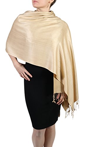 York Shawls Pashmina Chal Bufanda Estola - Acabado de borlas - Percha gratuita – Más de 20 colores - Hecho de mano (Dorado)