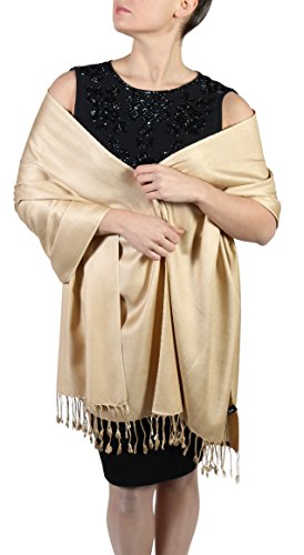 York Shawls Pashmina Chal Bufanda Estola - Acabado de borlas - Percha gratuita – Más de 20 colores - Hecho de mano (Dorado)