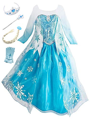 YOSICIL Princesa Disfraz de Princesa Frozen Elsa Disfraces de Princesa Gradiente Fancy Dress Elasticidad niña Lentejuela Impreso Nieve Accesorios con Capas 3-9 años (130CM, Azul)