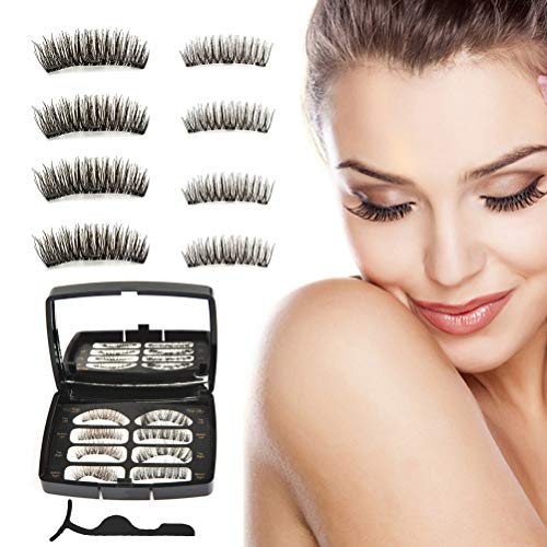 YOTINO 2 pares(8 piezas) 3D Pestañas Postizas magnéticas reutilizables Ocupan todo el ojo con double imanes + pinzas