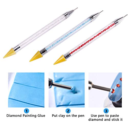 YOTINO 3Pcs Pinceles Uñas Decoracion, 3 Colores Pluma Uñas Strass de Silicona-Blanco, Azul y Rojo, Pincel Uñas Nail Art