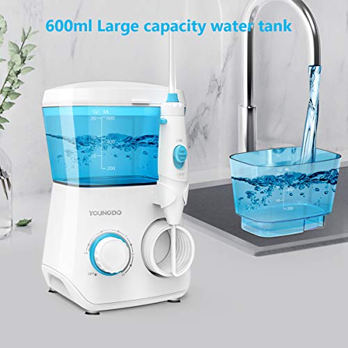 YOUNGDO Irrigador Bucal 600 ML, Irrigador Dental Professional con 10 Ajustes de Presión del Agua y 8 Boquillas Multifuncionales, para Cuidado y Limpieza Dental de Toda La Familia Aprobado por la FDA
