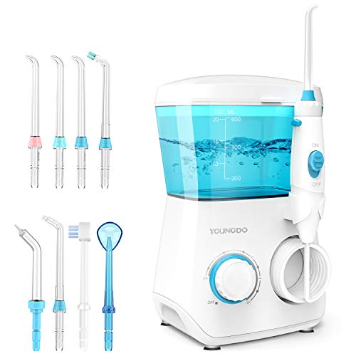 YOUNGDO Irrigador Bucal 600 ML, Irrigador Dental Professional con 10 Ajustes de Presión del Agua y 8 Boquillas Multifuncionales, para Cuidado y Limpieza Dental de Toda La Familia Aprobado por la FDA
