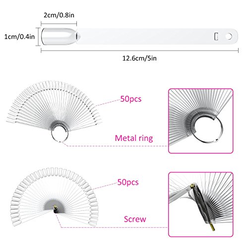 YoungRich Juego de 2 Unidades de 100 Uñas Postizas con Forma de Abanico para Decoración de Uñas con Tornillo de Anillo de Metal para Bricolaje Diseño de Gel Transparente