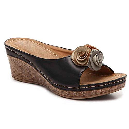 ypyrhh Zapatillas de casa con Punta Abierta,Sandalias y Pantuflas Flor de cuña,Antideslizantes,Sandalias Impermeables-Negro_37,Pantuflas de Interior Suaves Antideslizantes
