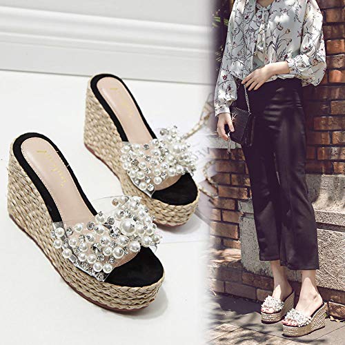 ypyrhh Zapatos de Piscina de Suela Blanda Baño,Sandalias de cuña y Pantuflas,Sandalias de tacón Alto de Cristal Tejido Paja-Negro_39,Chanclas de Moda clásica