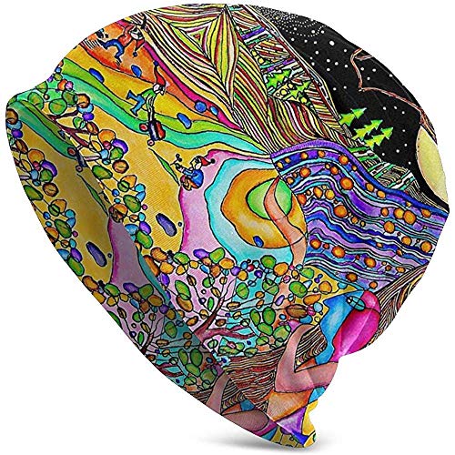 Yuanmeiju Fullmoon On Psychedelic Hill Oil Gorro de Punto Colorido Gorro de Punto a Prueba de Viento Gorro de Punto Sombreros Holgados para Adultos Unisex Blanco