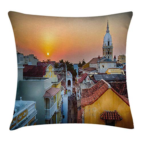 Yuanmeiju Sunset Funda de cojín de Almohada by, View Over The Rooftops of The Old City Cartagena Cathedral Colombian Coast Picture, Decorative Square Accent Funda de Almohada, Multicolor 22x22 Inches