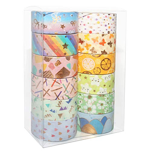 YUBBAEX Washi Tape Set cinta adhesiva decorativa Washi Glitter Adhesivo de Cinta Decorativa para DIY Crafts Scrapbooking (Lámina de oro 15MM de ancho 12 Rollo)