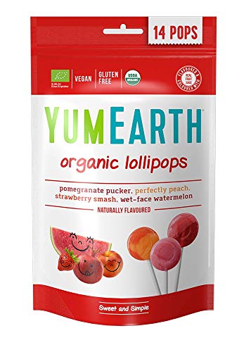 YumEarth - Piruletas Orgánicas de Frutas 4 sabores: Granada, Sandía, Fresa, Melocotón - 14 unidades