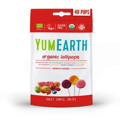 YumEarth - Piruletas Orgánicas de Frutas 8 sabores: Granada, Sandía, Fresa, Uva, Cereza, Melocotón, Frutos rojos y Mango - 40 unidades