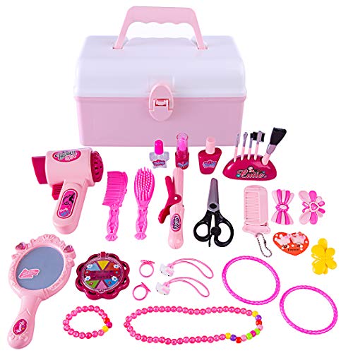 YVSoo 31Pcs Maletín Maquillaje Niñas, Maquillaje Peluqueria Juguete Set de Cosmética y Joyería Juego para Infantil Niños