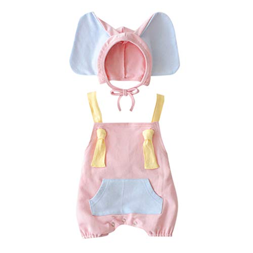 YWLINK 2PC CóModo Baby Girl Boy Kid Sin Mangas Romper+Cartoon Elefante Sombrero Trajes Trajes Conjunto Lindo Traje De Rendimiento(Rosado,12-18 meses/80)