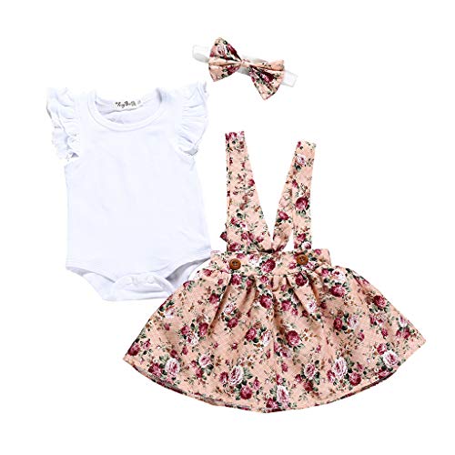 YWLINK Lindo 3PC Ropa De Bebe Verano Mezcla De Algodon De Manga Voladora Color SóLido Traje De Mameluco+Vestido De Chaleco De La Honda Impresa+Conjunto De Diadema Playa(Blanco,6-12 meses/80)
