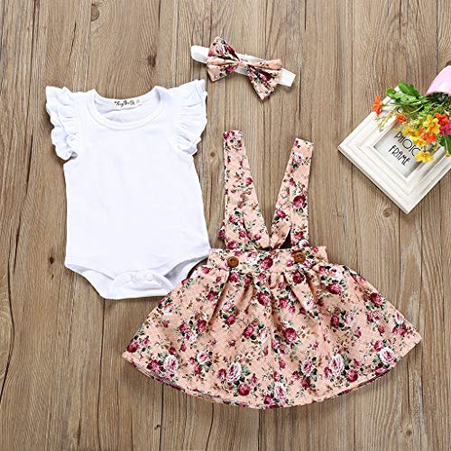 YWLINK Lindo 3PC Ropa De Bebe Verano Mezcla De Algodon De Manga Voladora Color SóLido Traje De Mameluco+Vestido De Chaleco De La Honda Impresa+Conjunto De Diadema Playa(Blanco,6-12 meses/80)