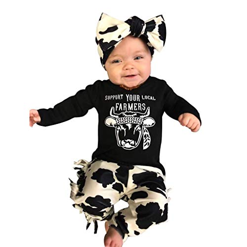 YWLINK ReciéN Nacido Bebé NiñA NiñO 3PC Traje Manga Larga Vaca Camiseta Arriba+Pantalones Manchados+Banda De Pelo Lindo Mono Moda Casual Pijamas Bautizo Bebe Regalo Ropa(Negro,6-12 meses/80)