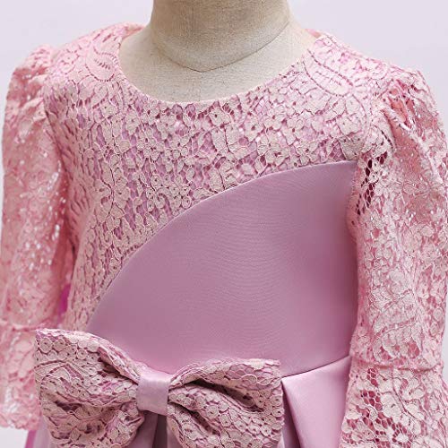 YWLINK Vestido De La Princesa del Arco De Encaje Vestido De Los NiñOs Fiesta De CumpleañOs Vestido De Novia Concurso De Belleza Manga Larga Moda Dulce Traje De Rendimiento(Rosado,5-6 años/140)