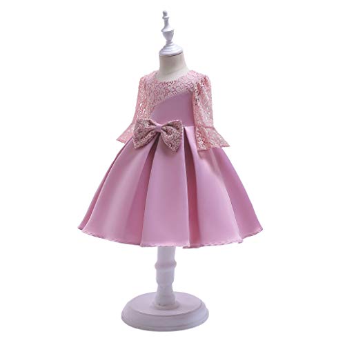 YWLINK Vestido De La Princesa del Arco De Encaje Vestido De Los NiñOs Fiesta De CumpleañOs Vestido De Novia Concurso De Belleza Manga Larga Moda Dulce Traje De Rendimiento(Rosado,5-6 años/140)