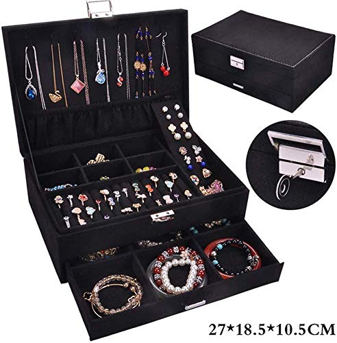 YYANG Joyero Organizador Caja De Almacenamiento De Exhibición Cuadrada con Cerradura Partición Extraíble para Collar Pendientes Pulseras Anillos,Black